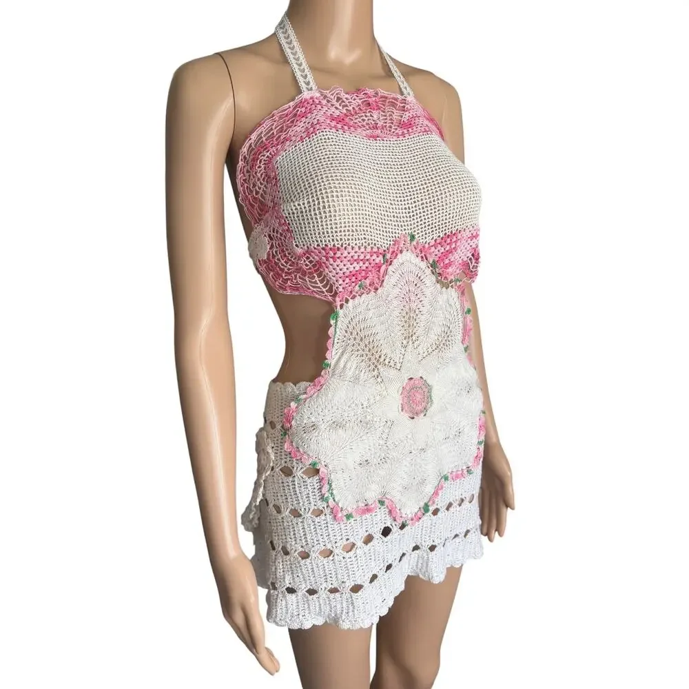Upcycled Crochet Doily Cut Out Mini Dress Pink S Coquette Fairycore Boho Coastal